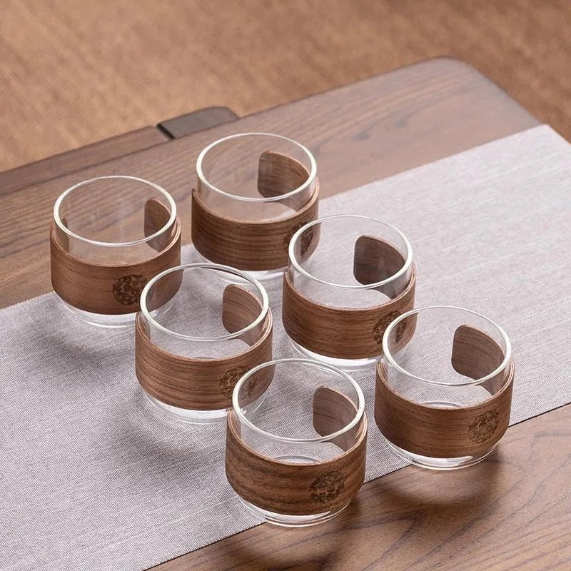 6er Set Hitzebeständige Glastassen mit Holzhalter - ApolettaApoletta
