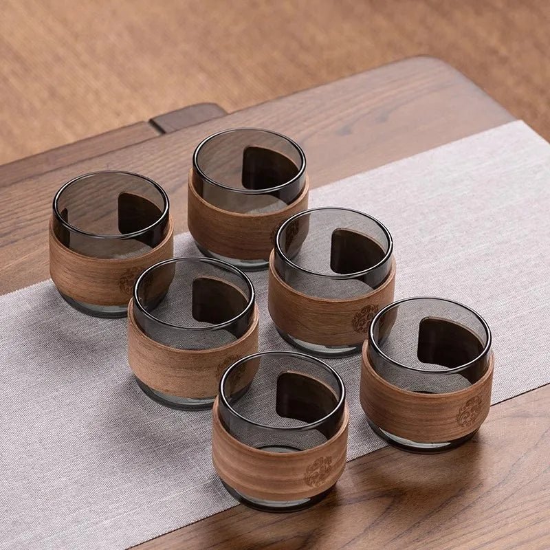 6er Set Hitzebeständige Glastassen mit Holzhalter - ApolettaApoletta