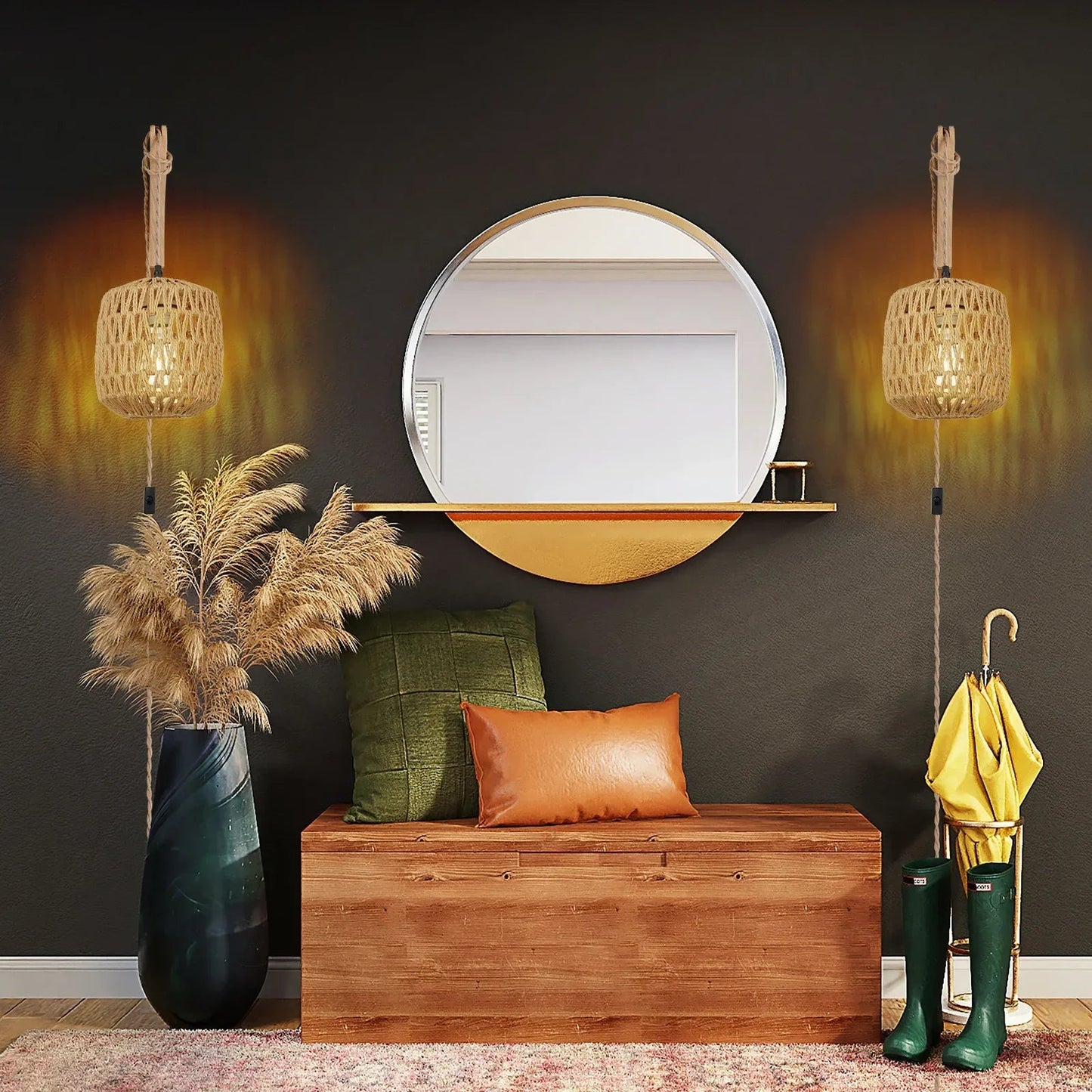 LED Rattan - Wandleuchte: Handgeflochtene Lampe aus Hanfseil im Retro - Stil für Wohn - und Schlafzimmer - ApolettaApoletta
