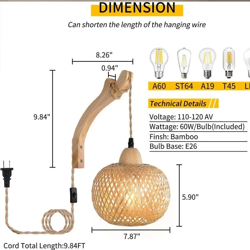 LED Rattan - Wandleuchte: Handgeflochtene Lampe aus Hanfseil im Retro - Stil für Wohn - und Schlafzimmer - ApolettaApoletta