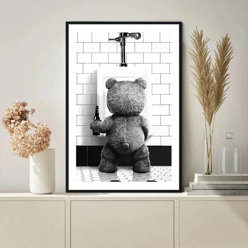 Schwarz - Weiß - Poster: Niedlicher Bär für moderne Badezimmer - Dekoration - ApolettaApoletta