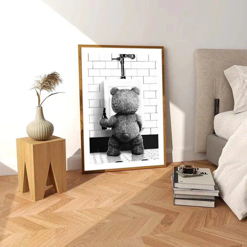 Schwarz - Weiß - Poster: Niedlicher Bär für moderne Badezimmer - Dekoration - ApolettaApoletta