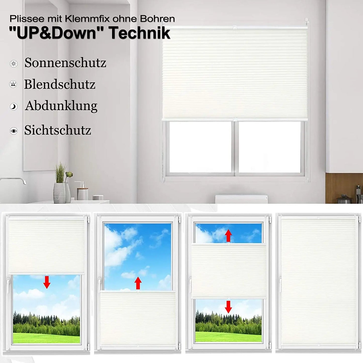 Plissee - Rollo - Klemmfix ohne Bohren, zusammenklappbares Rollo, Easyfix - geklemmter Rollo, blickdichter Sichtschutz für Fenster - ApolettaApoletta