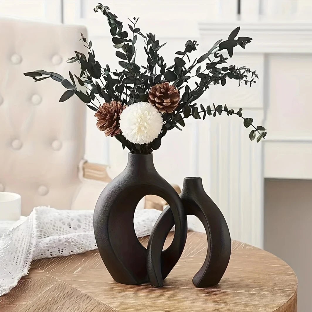 Hohle, nordische Keramikvasen: 2er - Set im modernen Boho - Stil für Wohnzimmer & Bücherregal - ApolettaApoletta