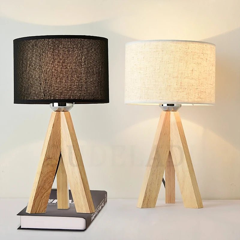 OUDELADI Holztischlampe Weiß Schwarz Stoff Lampenschirm Wohnkultur Wohnzimmer Nachttischlampe Schreibtischlampe E27 Arbeitszimmer Leselicht - ApolettaApoletta