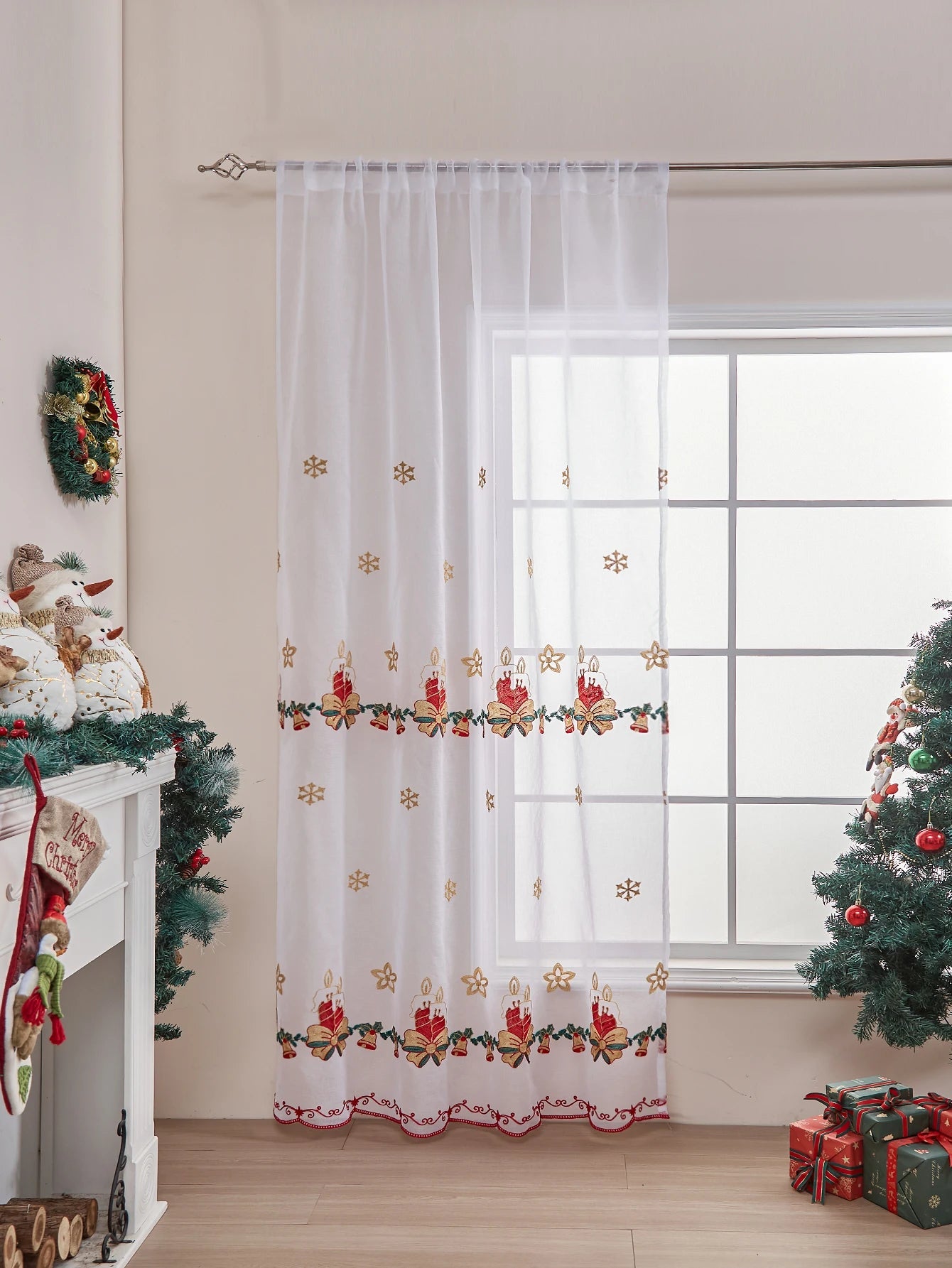 Weihnachtsvorhänge: 84,3 Zoll Länge, 1 Panel mit Weihnachtsstern & Büffelkaro - ApolettaApoletta