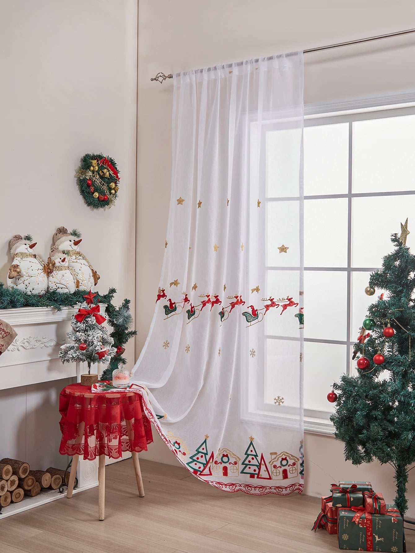 Weihnachtsvorhänge: 84,3 Zoll Länge, 1 Panel mit Weihnachtsstern & Büffelkaro - ApolettaApoletta