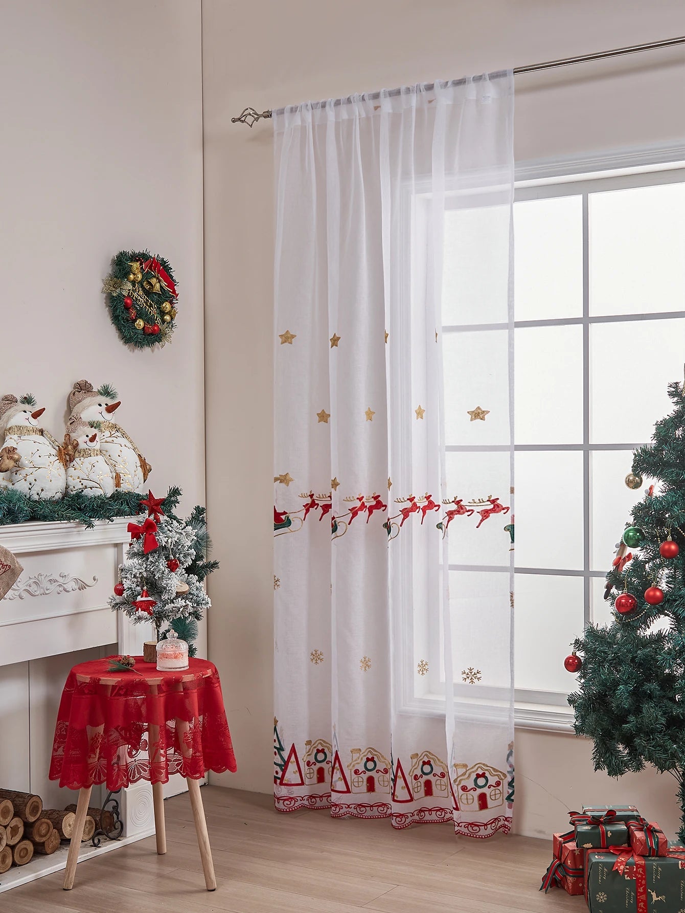 Weihnachtsvorhänge: 84,3 Zoll Länge, 1 Panel mit Weihnachtsstern & Büffelkaro - ApolettaApoletta