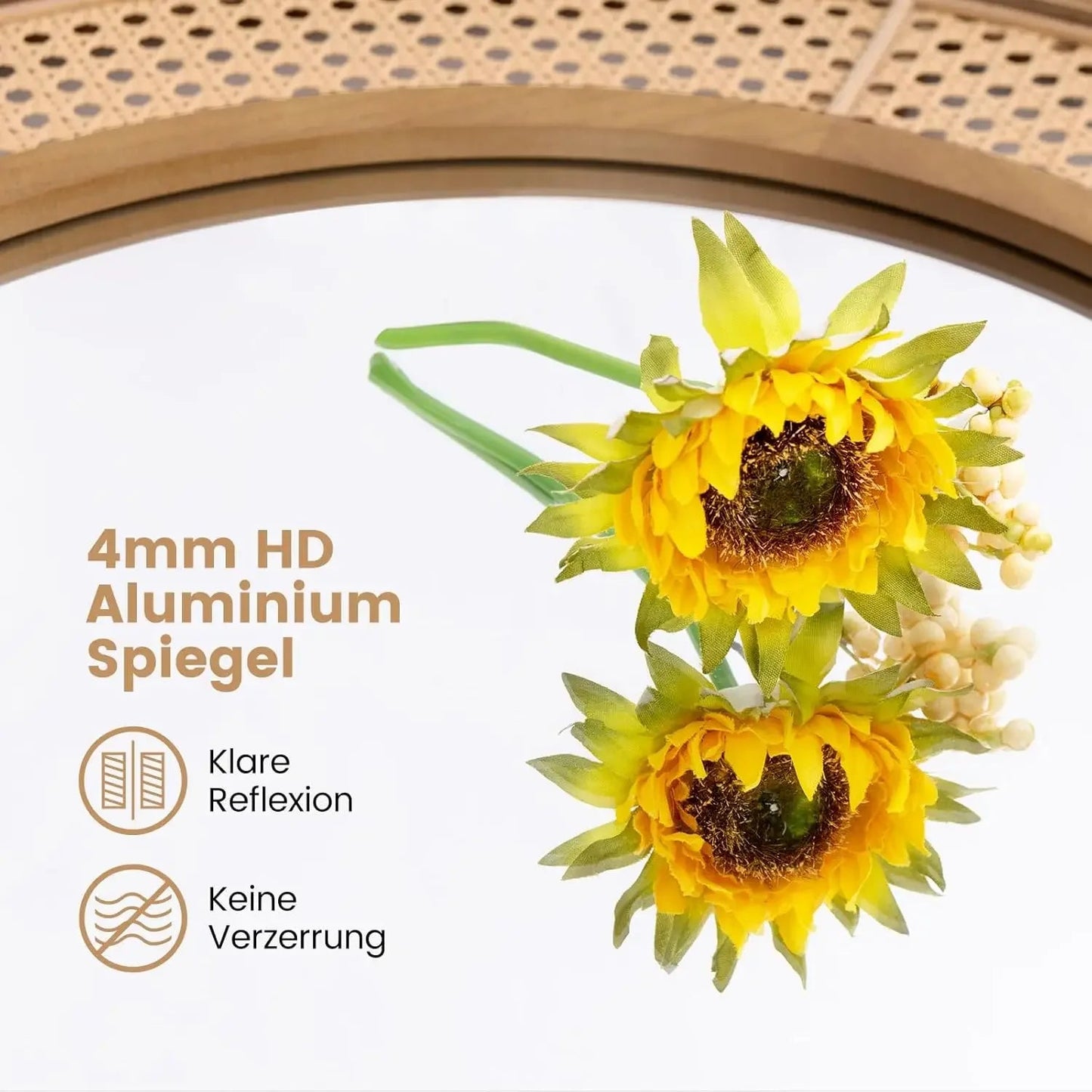 Runder Rattan - Wandspiegel: 65 cm Durchmesser, Holzrahmen & Haken - ApolettaApoletta