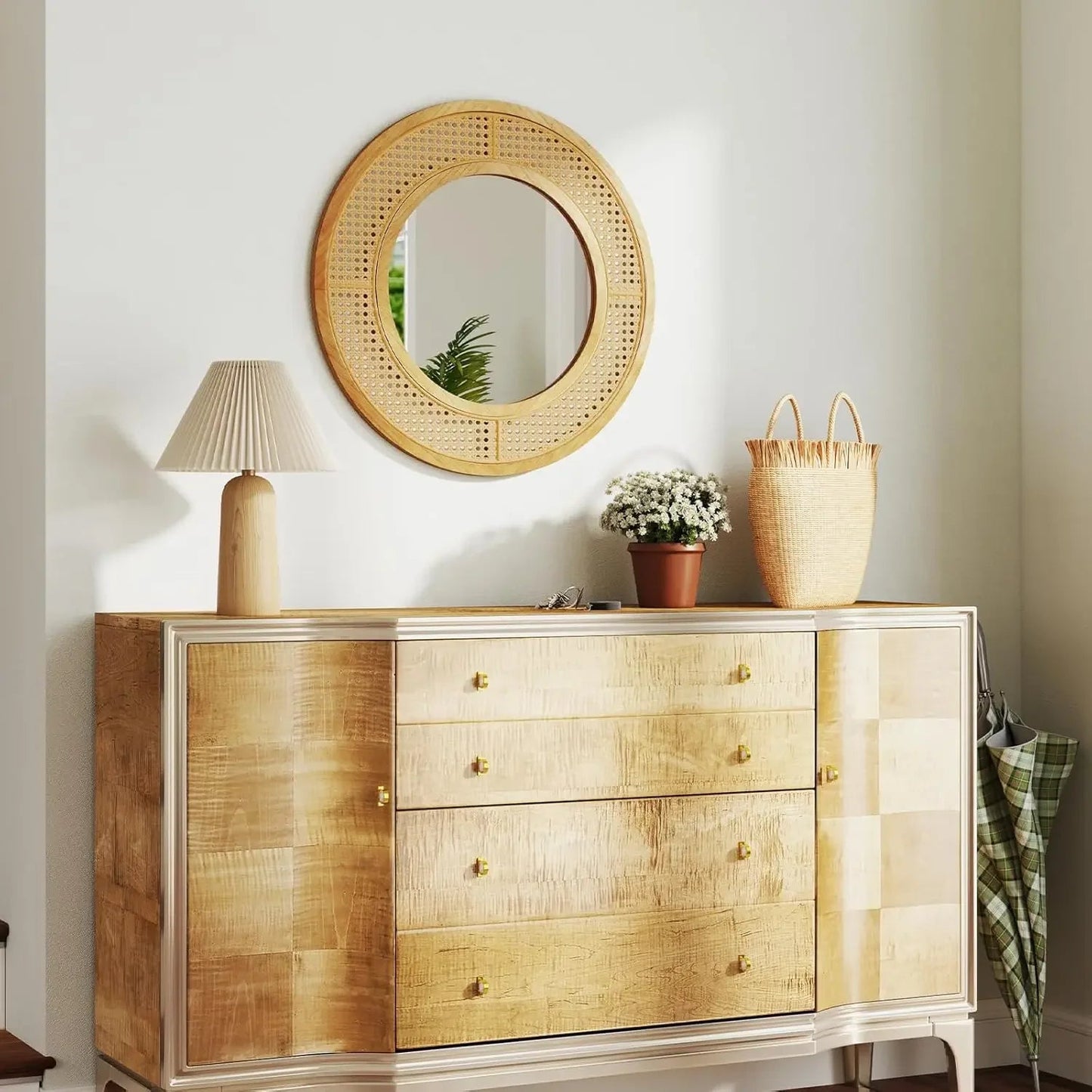 Runder Rattan - Wandspiegel: 65 cm Durchmesser, Holzrahmen & Haken - ApolettaApoletta