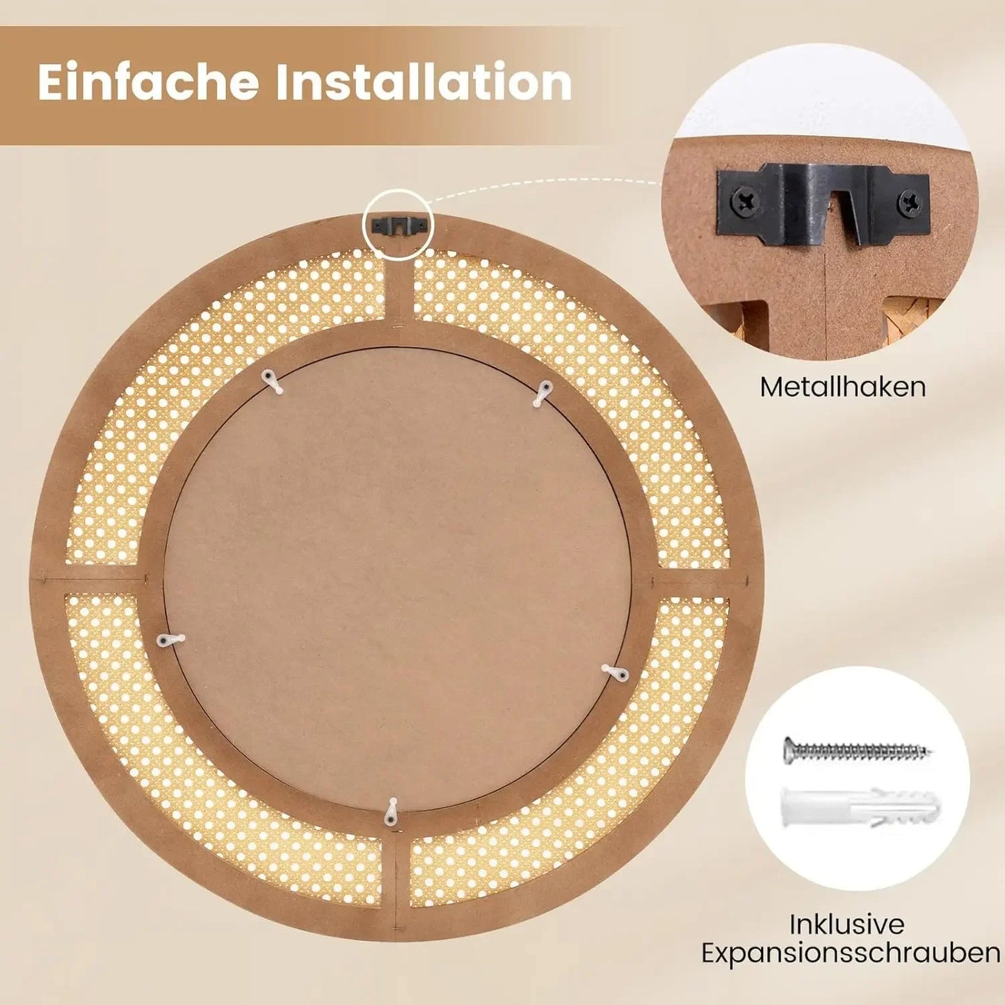 Runder Rattan - Wandspiegel: 65 cm Durchmesser, Holzrahmen & Haken - ApolettaApoletta