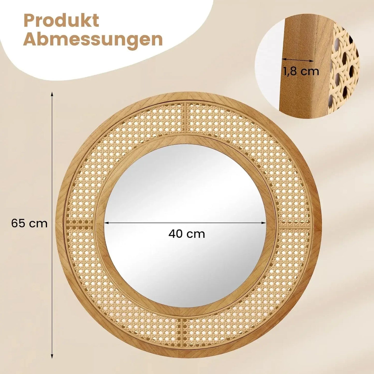 Runder Rattan - Wandspiegel: 65 cm Durchmesser, Holzrahmen & Haken - ApolettaApoletta