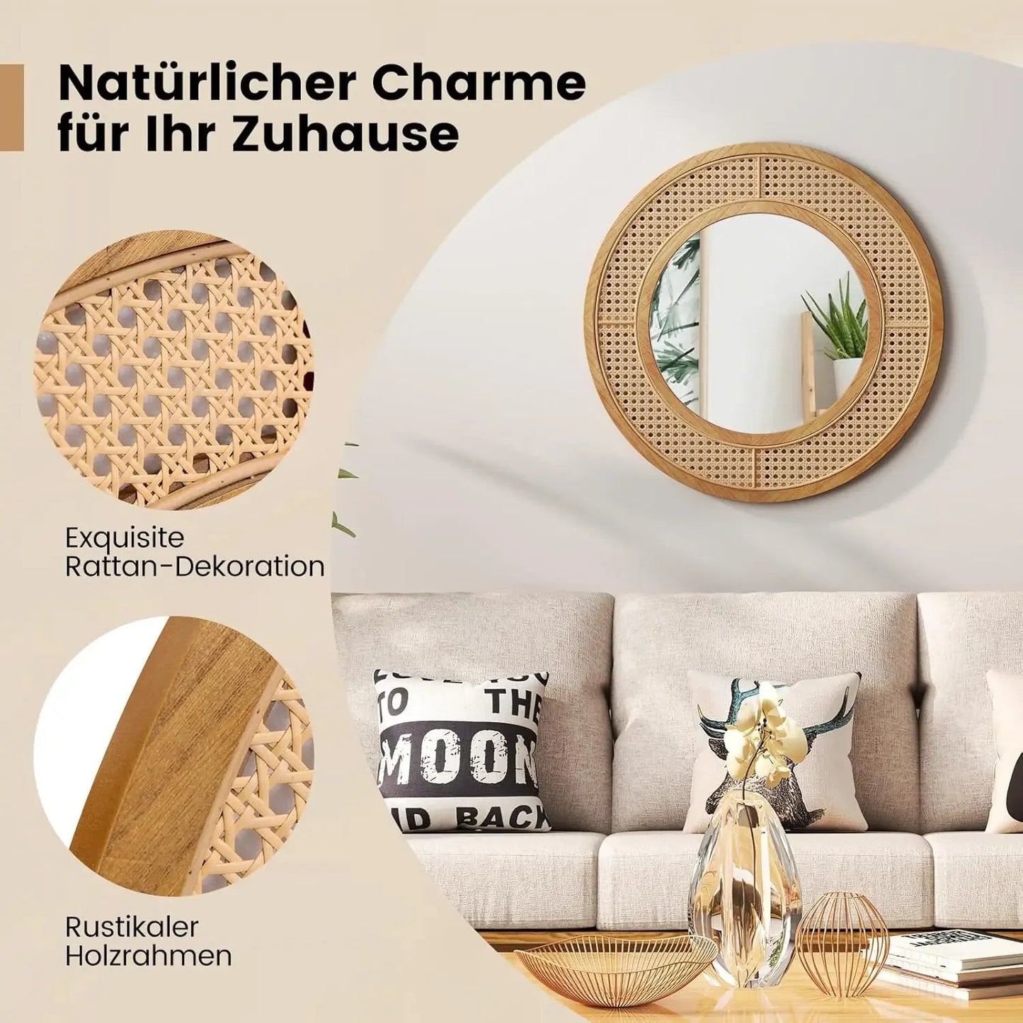 Runder Rattan - Wandspiegel: 65 cm Durchmesser, Holzrahmen & Haken - ApolettaApoletta