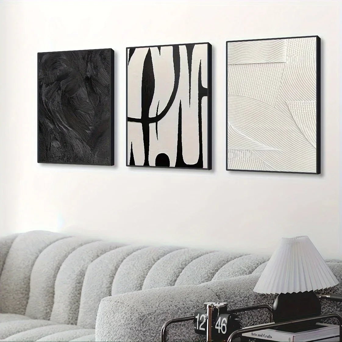 3 - teiliges Leinwand - Set: Abstrakte Schwarz - Weiß - Wandkunst mit Texturschilderungen - ApolettaApoletta