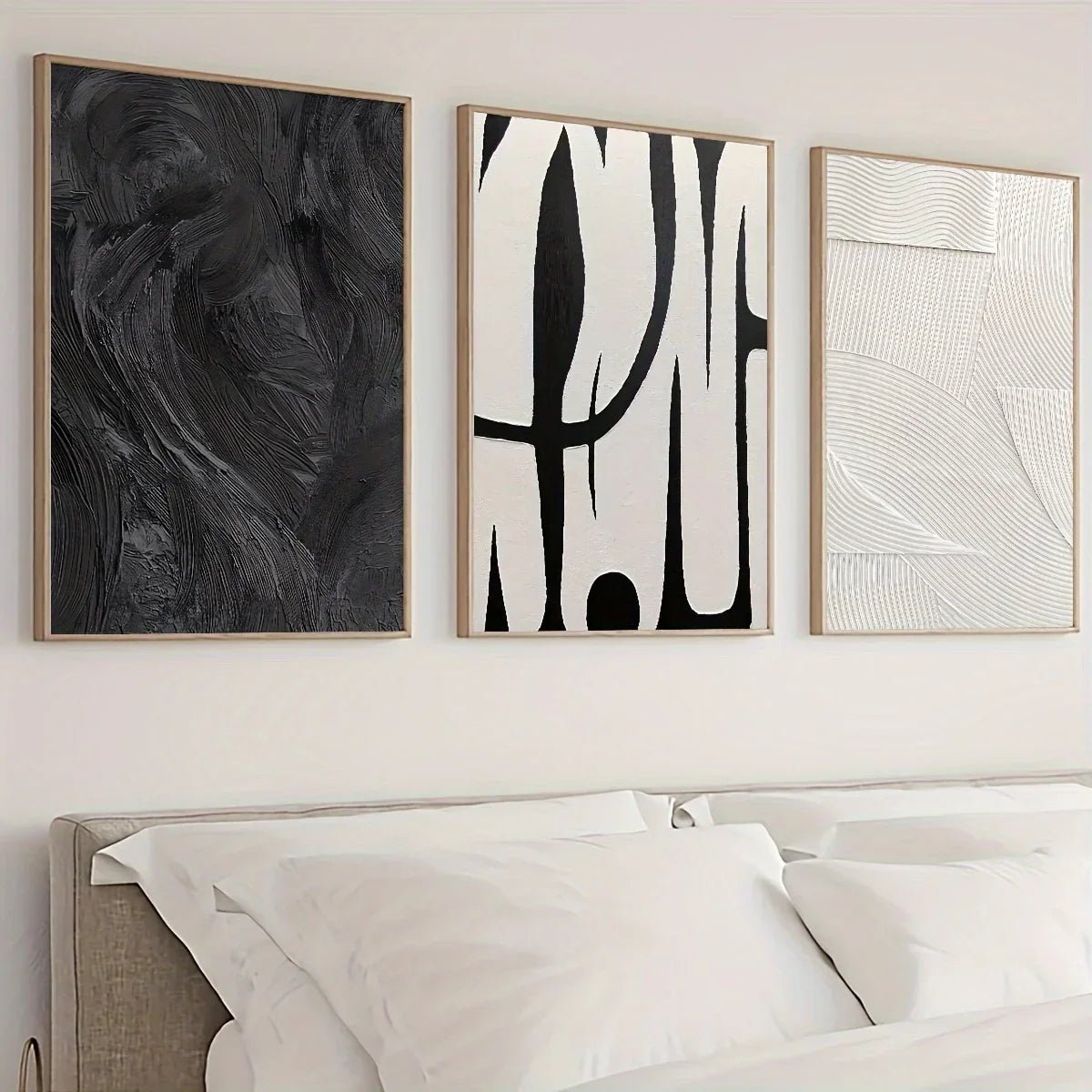 3 - teiliges Leinwand - Set: Abstrakte Schwarz - Weiß - Wandkunst mit Texturschilderungen - ApolettaApoletta