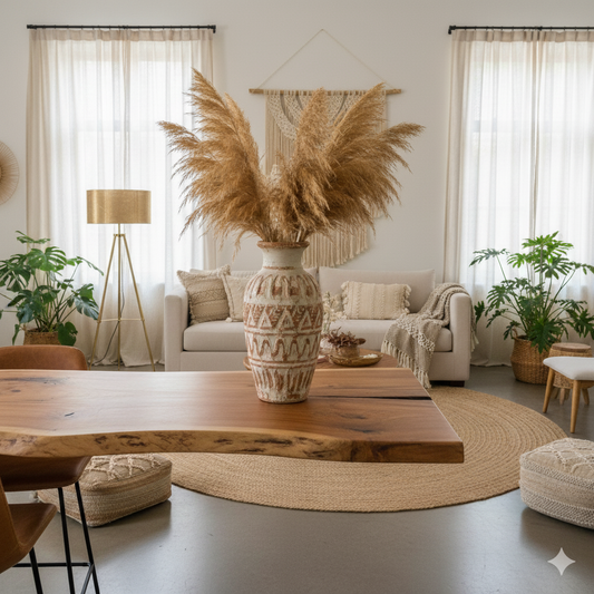 Glasvase mit Pampasgras auf einem Tisch