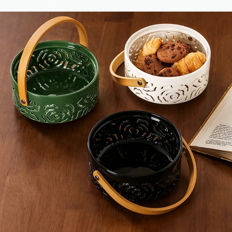 Keramik Korb-Tablett mit Griff – Hohle Obst- & Snackschale