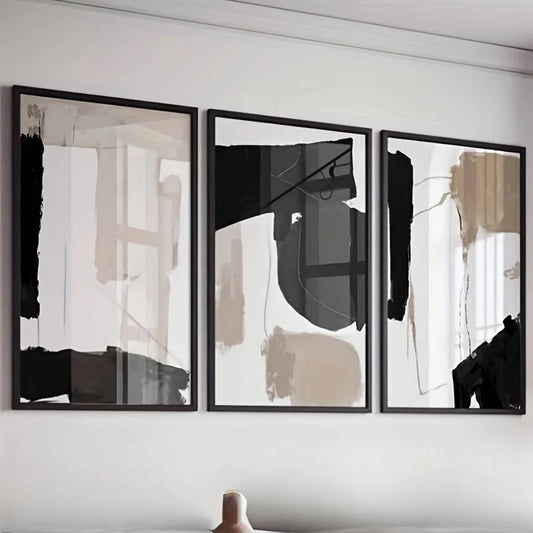 3er Set Abstrakte Wandkunst in Schwarz-Beige