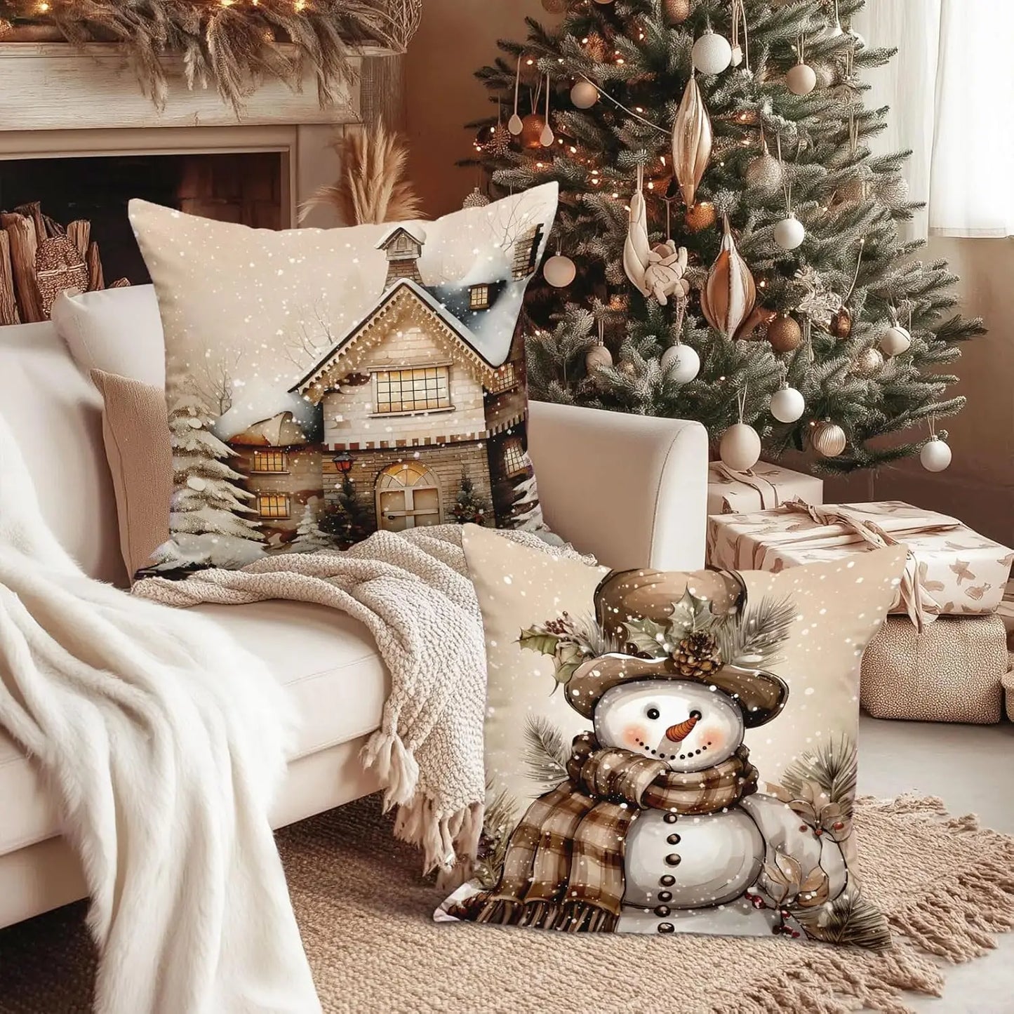 Weihnachts-Kissenbezüge (4er-Set) aus Weichem Plüsch (Elch & Schneemann) - Apoletta