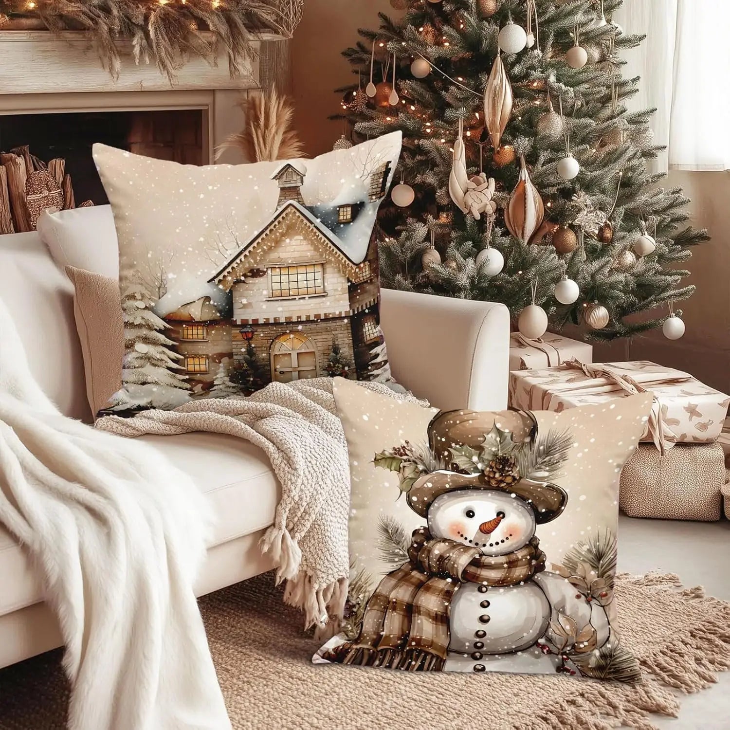 Weihnachts-Kissenbezüge (4er-Set) aus Weichem Plüsch (Elch & Schneemann) - Apoletta