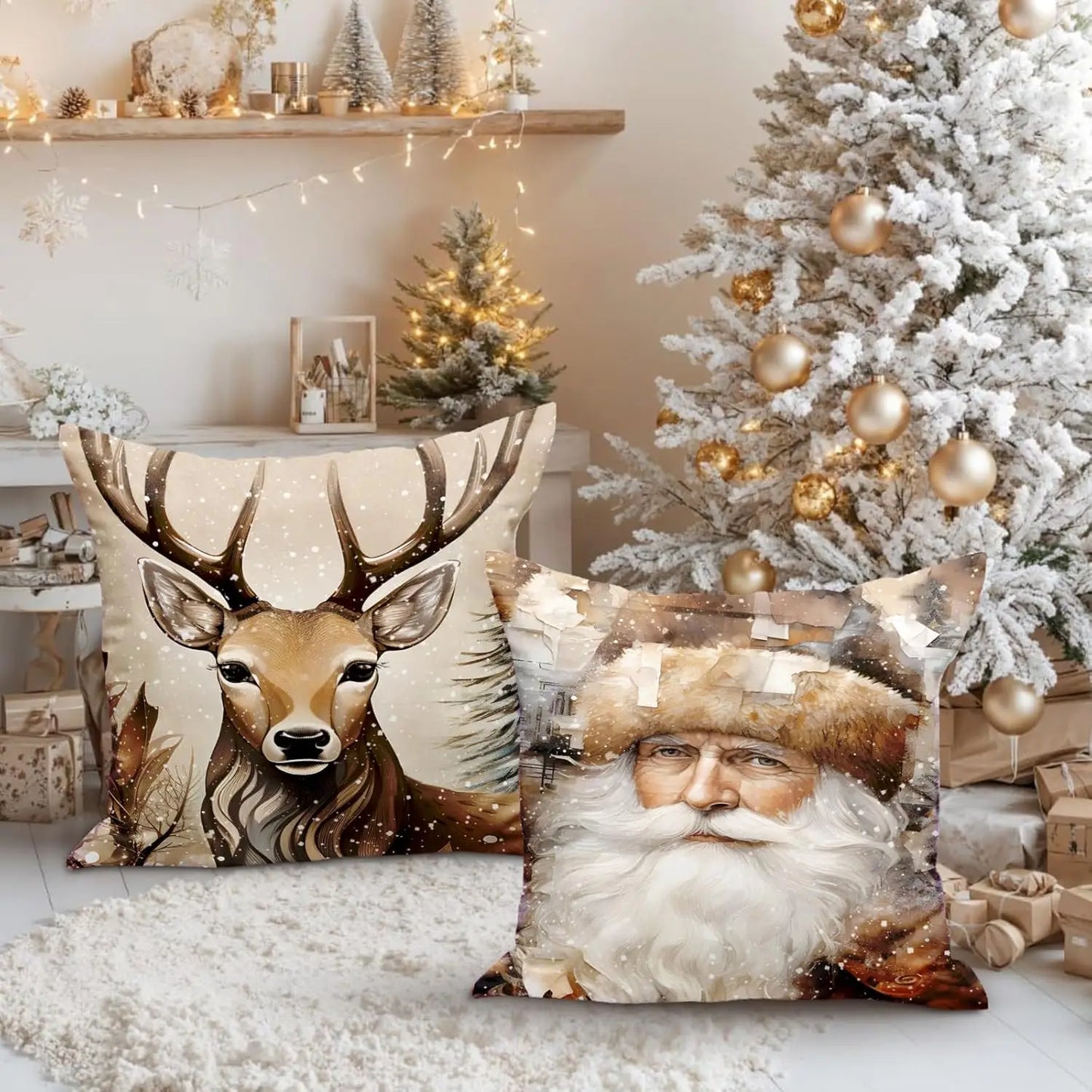 Weihnachts-Kissenbezüge (4er-Set) aus Weichem Plüsch (Elch & Schneemann) - Apoletta