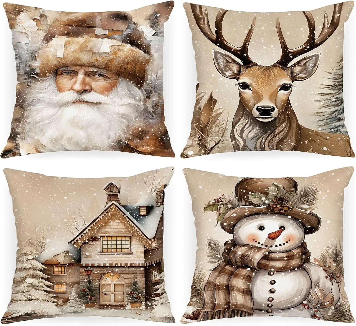 Weihnachts-Kissenbezüge (4er-Set) aus Weichem Plüsch (Elch & Schneemann) - Apoletta