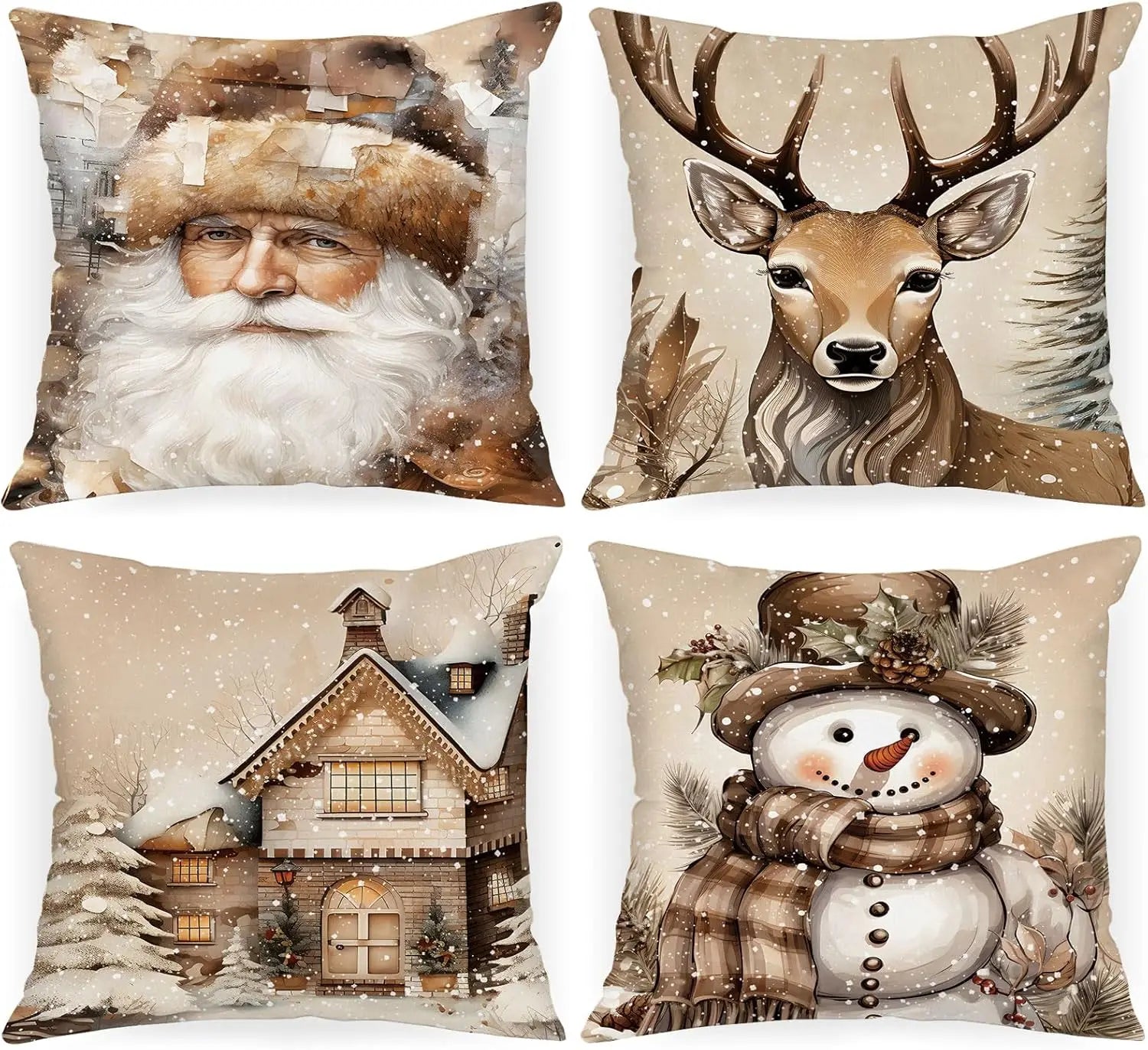 Weihnachts-Kissenbezüge (4er-Set) aus Weichem Plüsch (Elch & Schneemann) - Apoletta