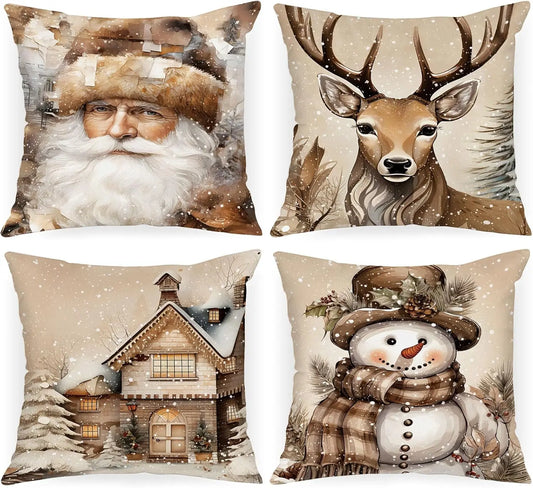 Weihnachts-Kissenbezüge (4er-Set) aus Weichem Plüsch (Elch & Schneemann) - Apoletta