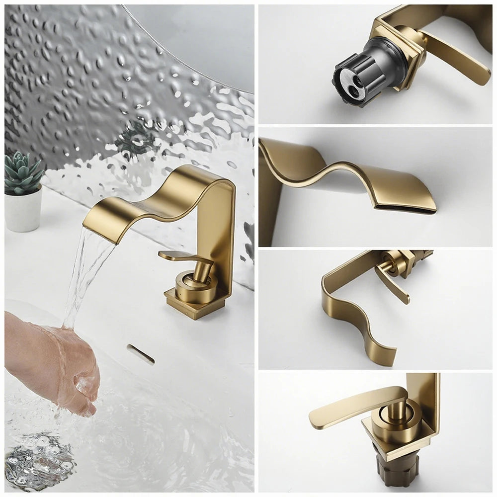 Wasserfall-Waschtischarmatur in Gebürstetem Gold - Apoletta