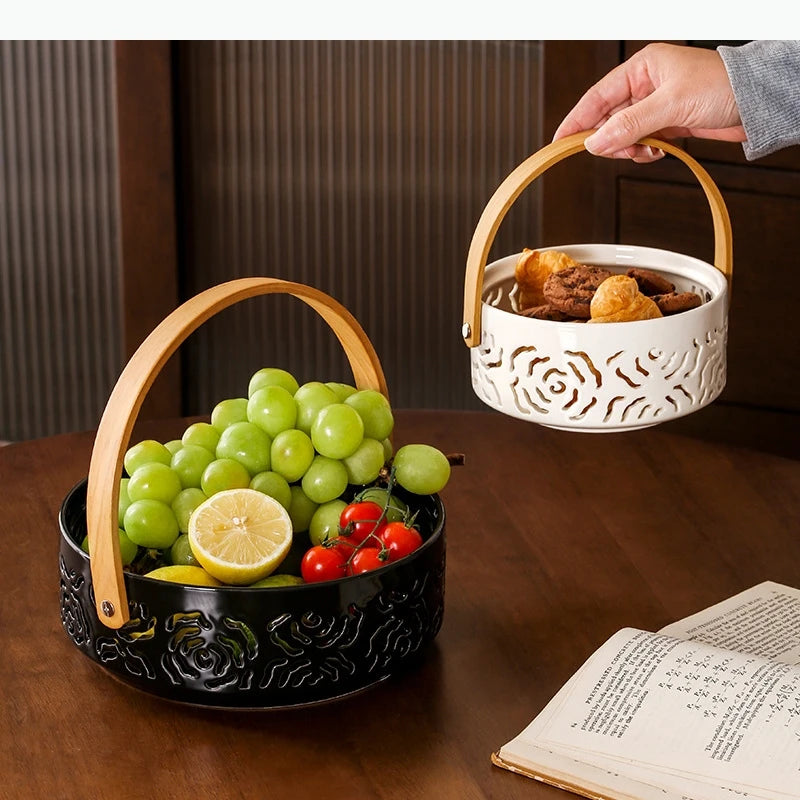 Keramik Korb-Tablett mit Griff – Hohle Obst- & Snackschale