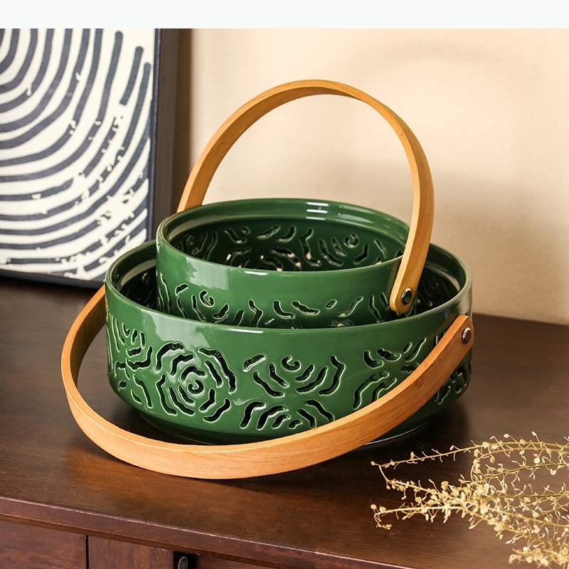 Keramik Korb-Tablett mit Griff – Hohle Obst- & Snackschale