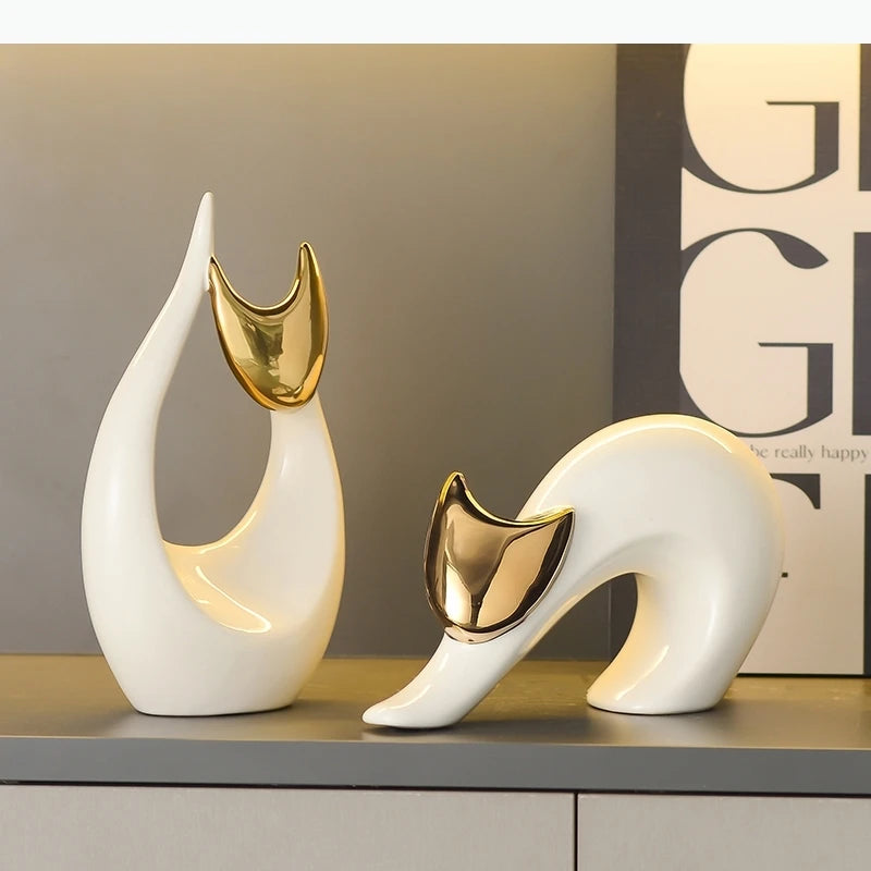 Abstrakte Keramik-Kätzchen Statue – Weißes Ästhetisches Dekor - Apoletta