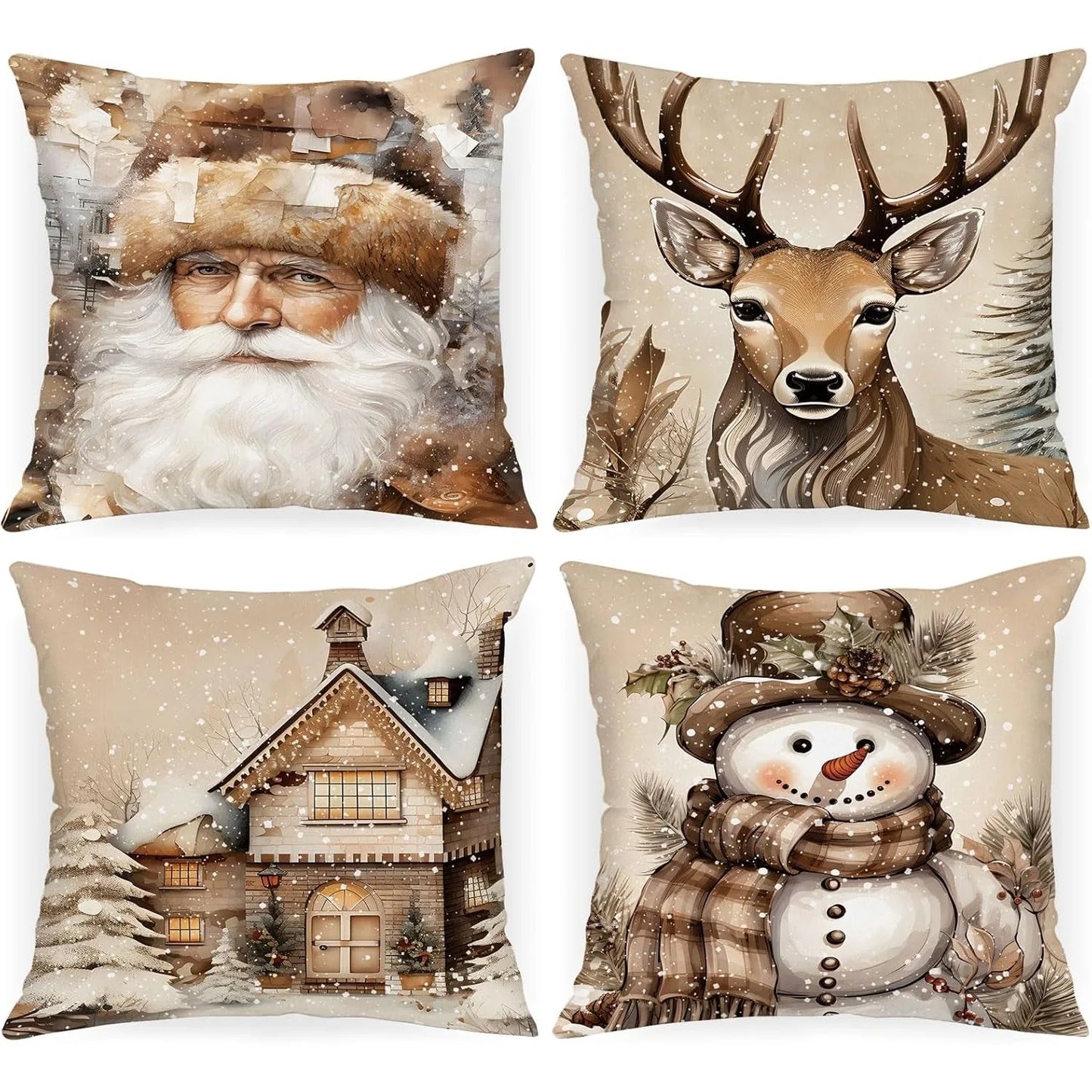 Weihnachts-Kissenbezüge (4er-Set) aus Weichem Plüsch (Elch & Schneemann) - Apoletta