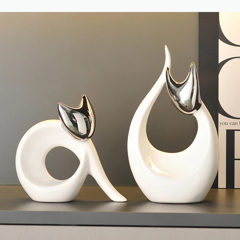 Abstrakte Keramik-Kätzchen Statue – Weißes Ästhetisches Dekor - Apoletta