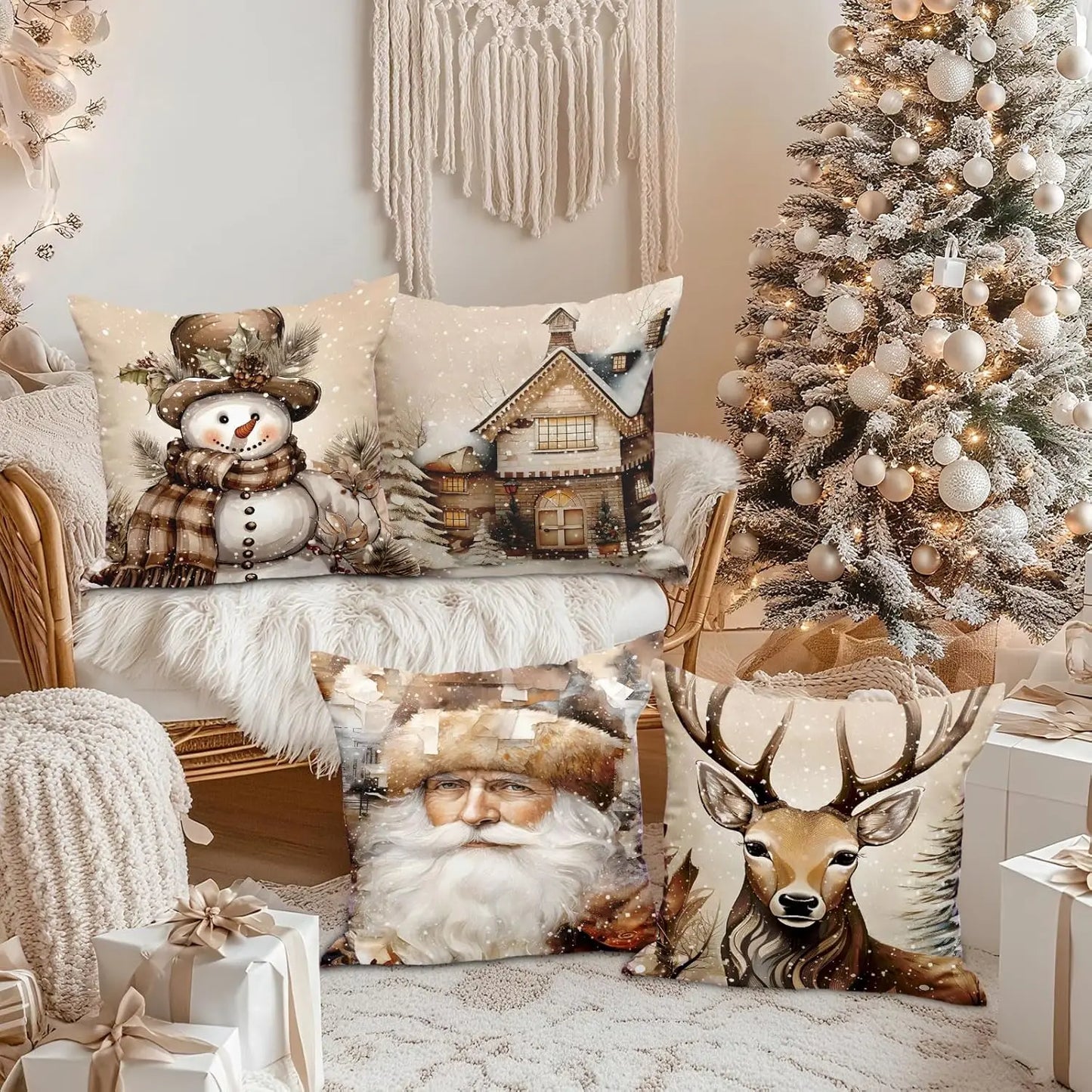 Weihnachts-Kissenbezüge (4er-Set) aus Weichem Plüsch (Elch & Schneemann) - Apoletta