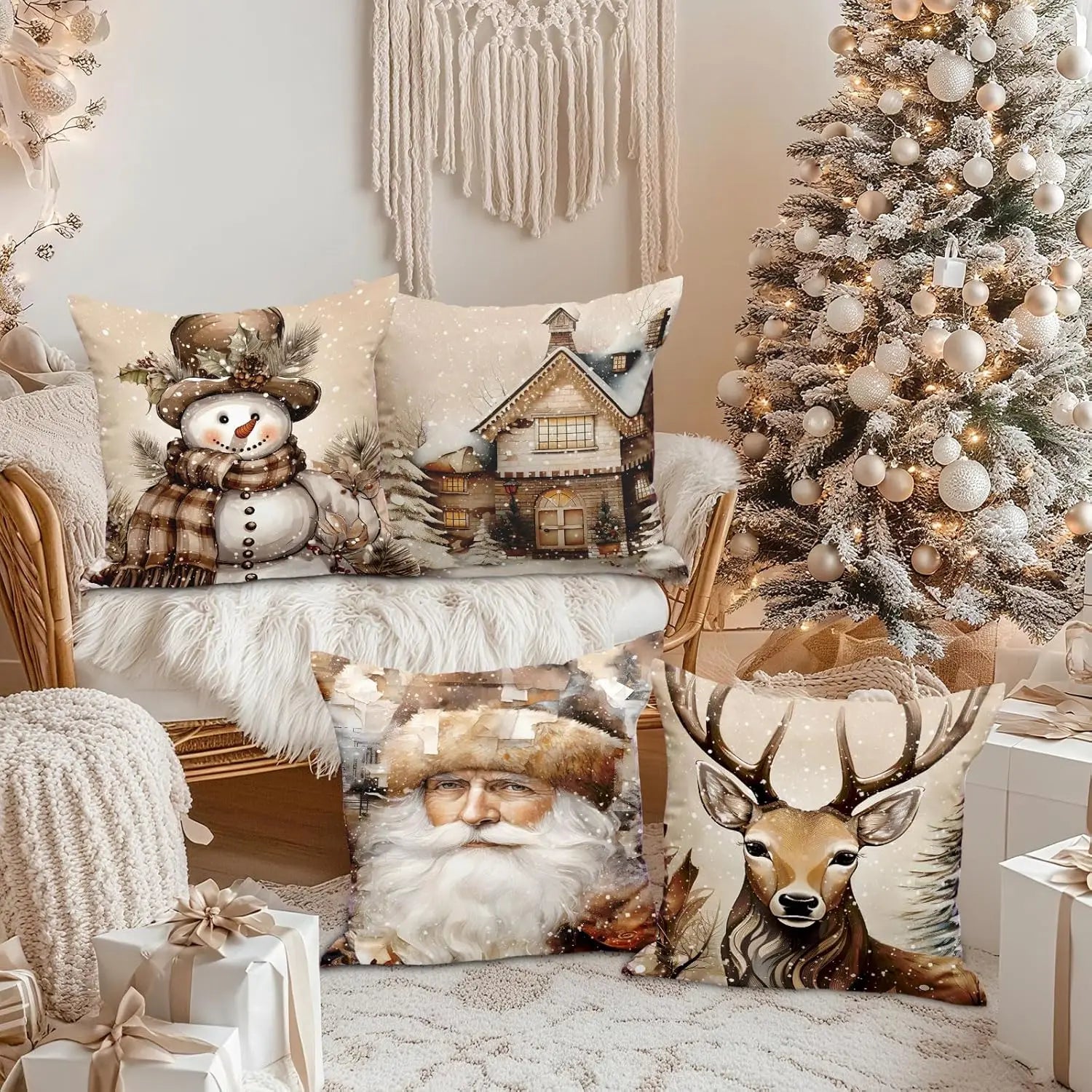 Weihnachts-Kissenbezüge (4er-Set) aus Weichem Plüsch (Elch & Schneemann) - Apoletta