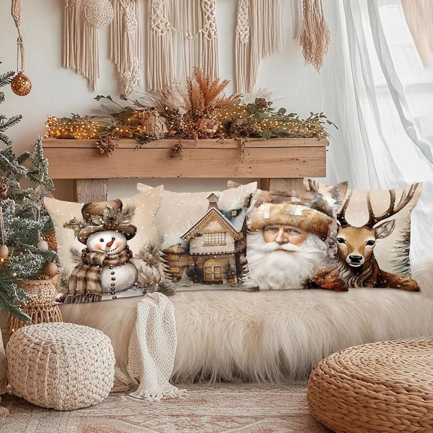 Weihnachts-Kissenbezüge (4er-Set) aus Weichem Plüsch (Elch & Schneemann) - Apoletta