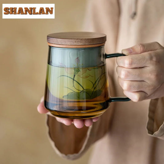 Handgemalte 285 ml Lotus - Tasse: Tee - Trennbecher & Glas - Teeschale mit Deckel für das Büro - ApolettaApoletta