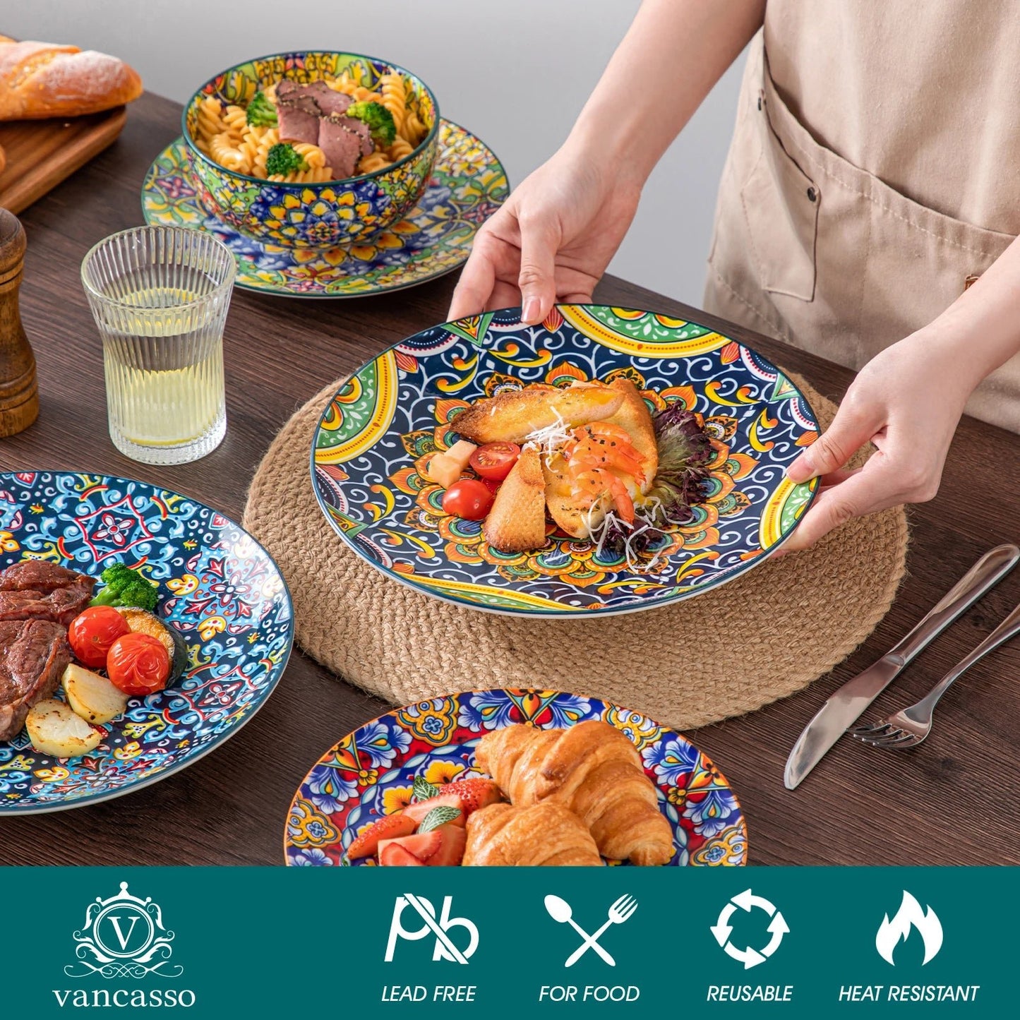 Keramikteller - Set: 12 - teilig mit beidseitigem Boho - Design für 4 Personen - ApolettaApoletta