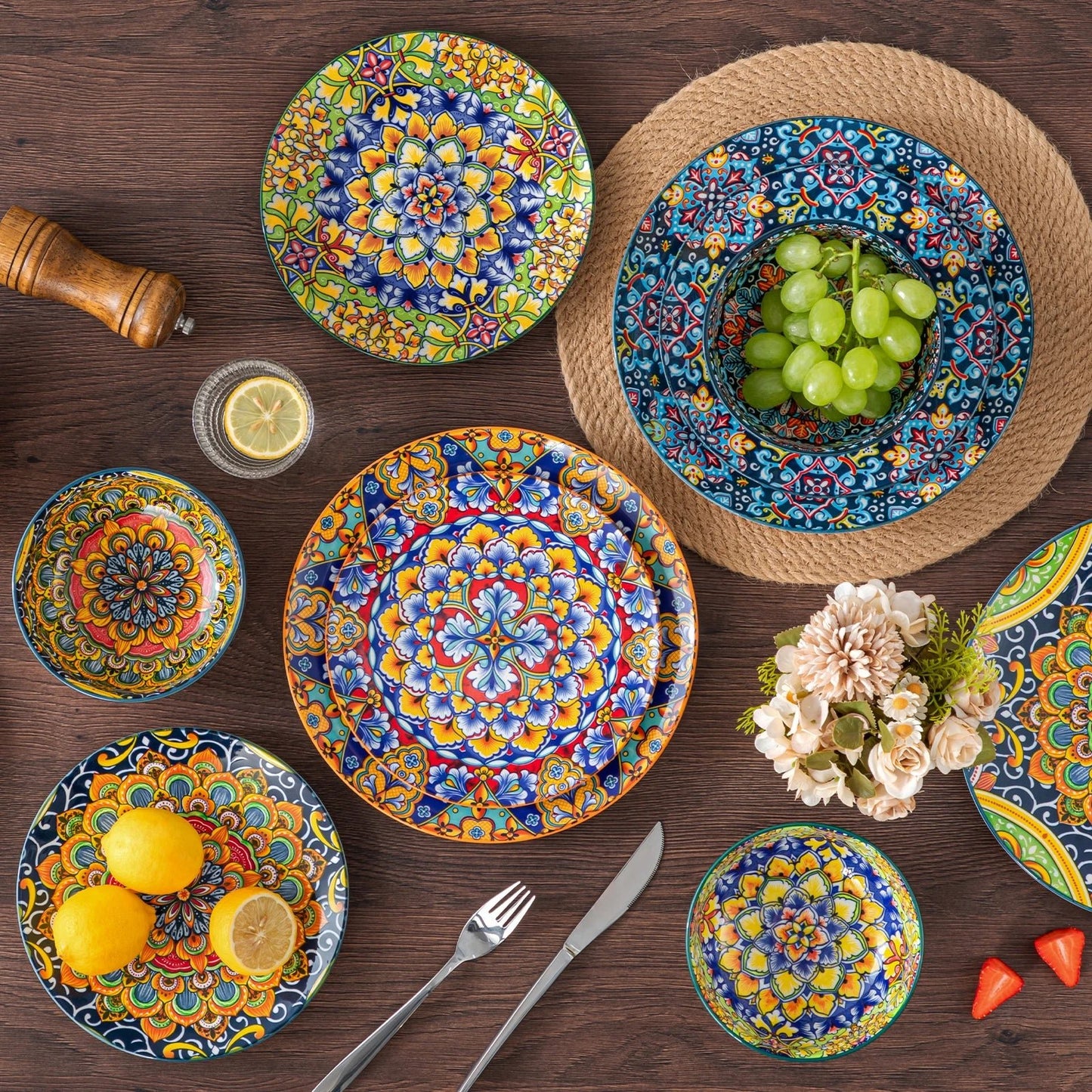 Keramikteller - Set: 12 - teilig mit beidseitigem Boho - Design für 4 Personen - ApolettaApoletta