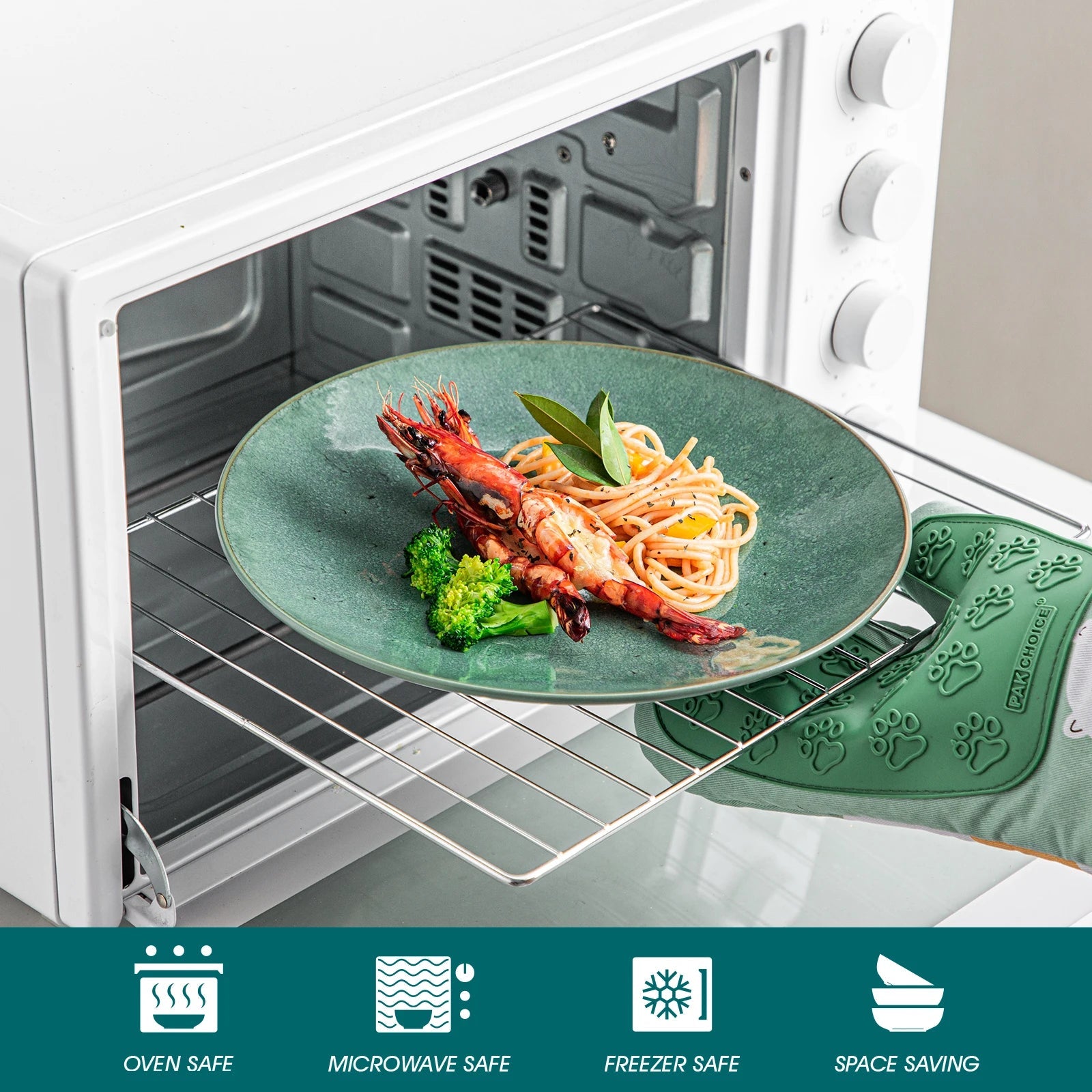 Grünes Keramik - Set mit Relief: 16/32 - teiliges Steinzeug - Geschirr für 4 oder 8 Personen - ApolettaApoletta