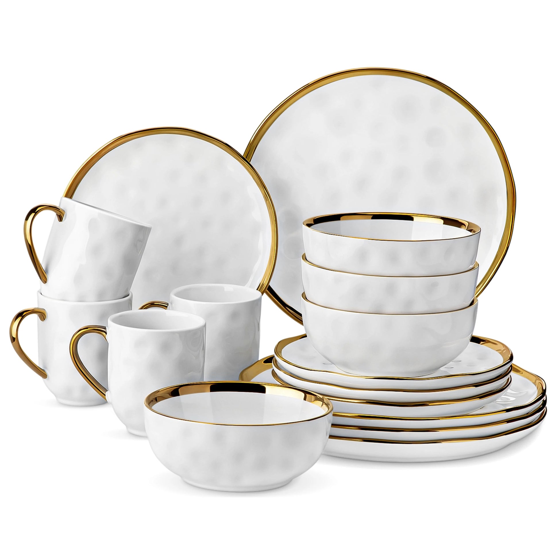 Weißes Keramik - Set mit Goldrand: 16/32 - teilig aus Steinzeug mit Teller, Tasse & Schüssel - ApolettaApoletta