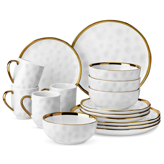 Weißes Keramik - Set mit Goldrand: 16/32 - teilig aus Steinzeug mit Teller, Tasse & Schüssel - ApolettaApoletta