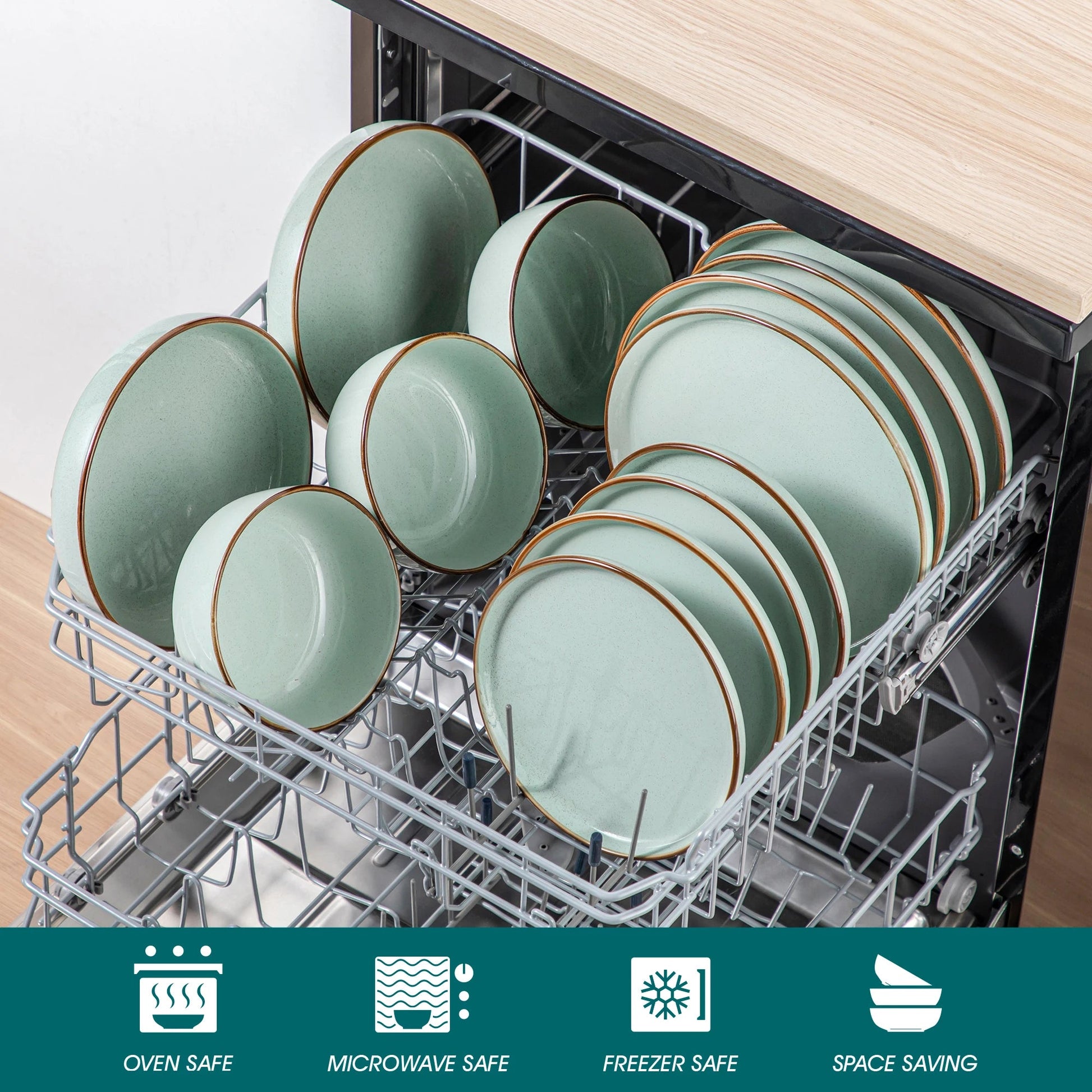 Grünes Keramik - Geschirrset: 16/32 - teilig aus ofensicherem Steinzeug mit Teller, Dessertteller & Schüsseln - ApolettaApoletta