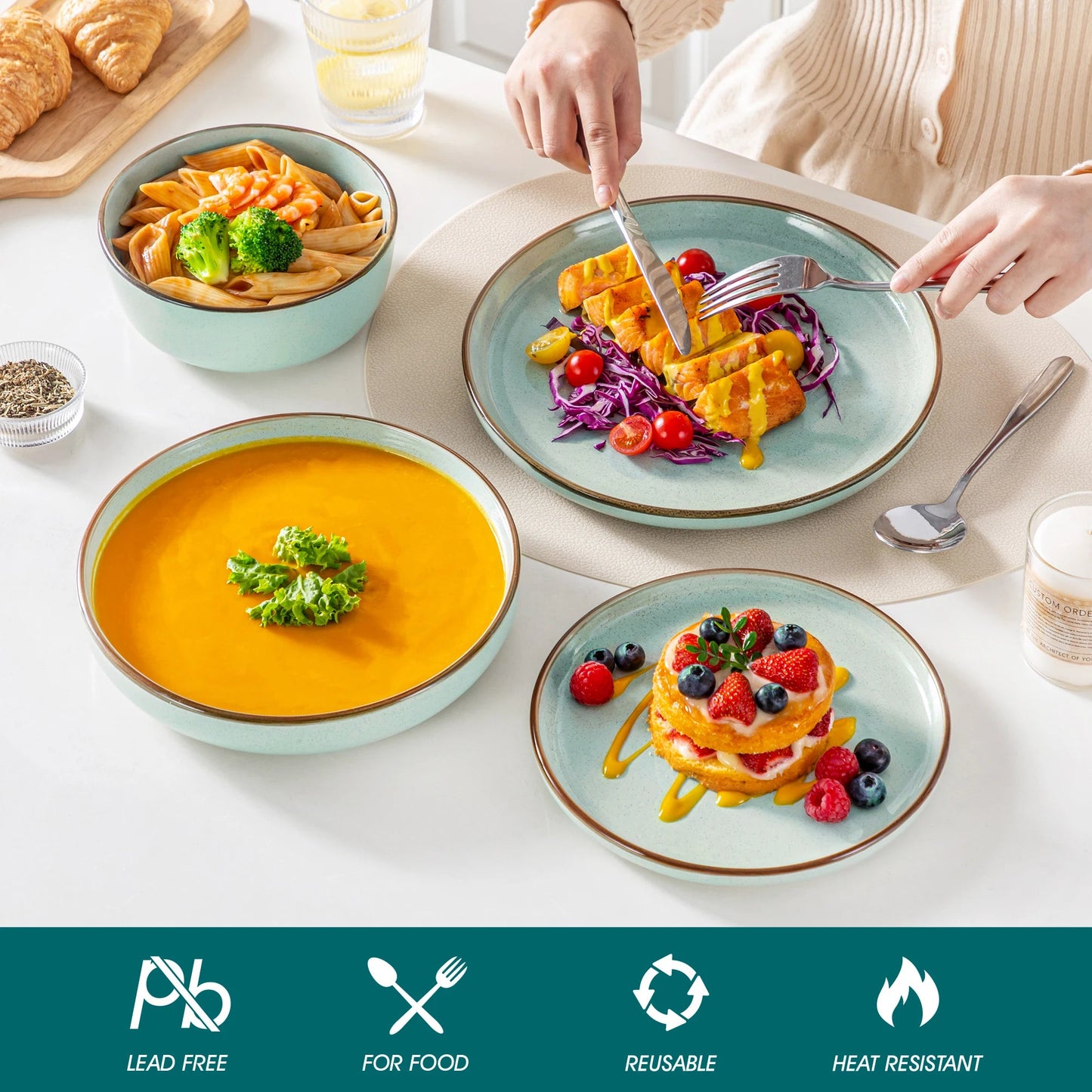 Grünes Keramik - Geschirrset: 16/32 - teilig aus ofensicherem Steinzeug mit Teller, Dessertteller & Schüsseln - ApolettaApoletta