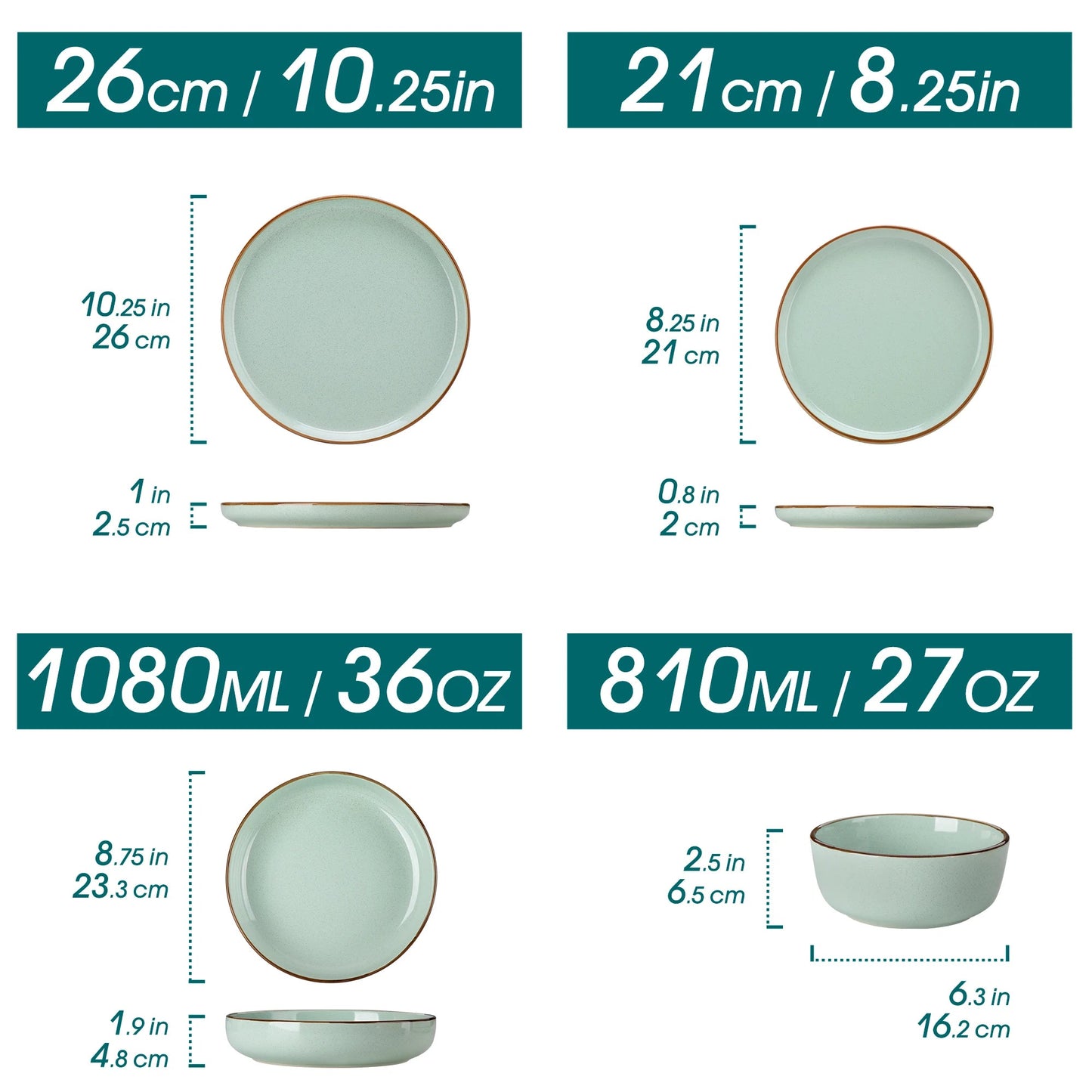 Grünes Keramik - Geschirrset: 16/32 - teilig aus ofensicherem Steinzeug mit Teller, Dessertteller & Schüsseln - ApolettaApoletta