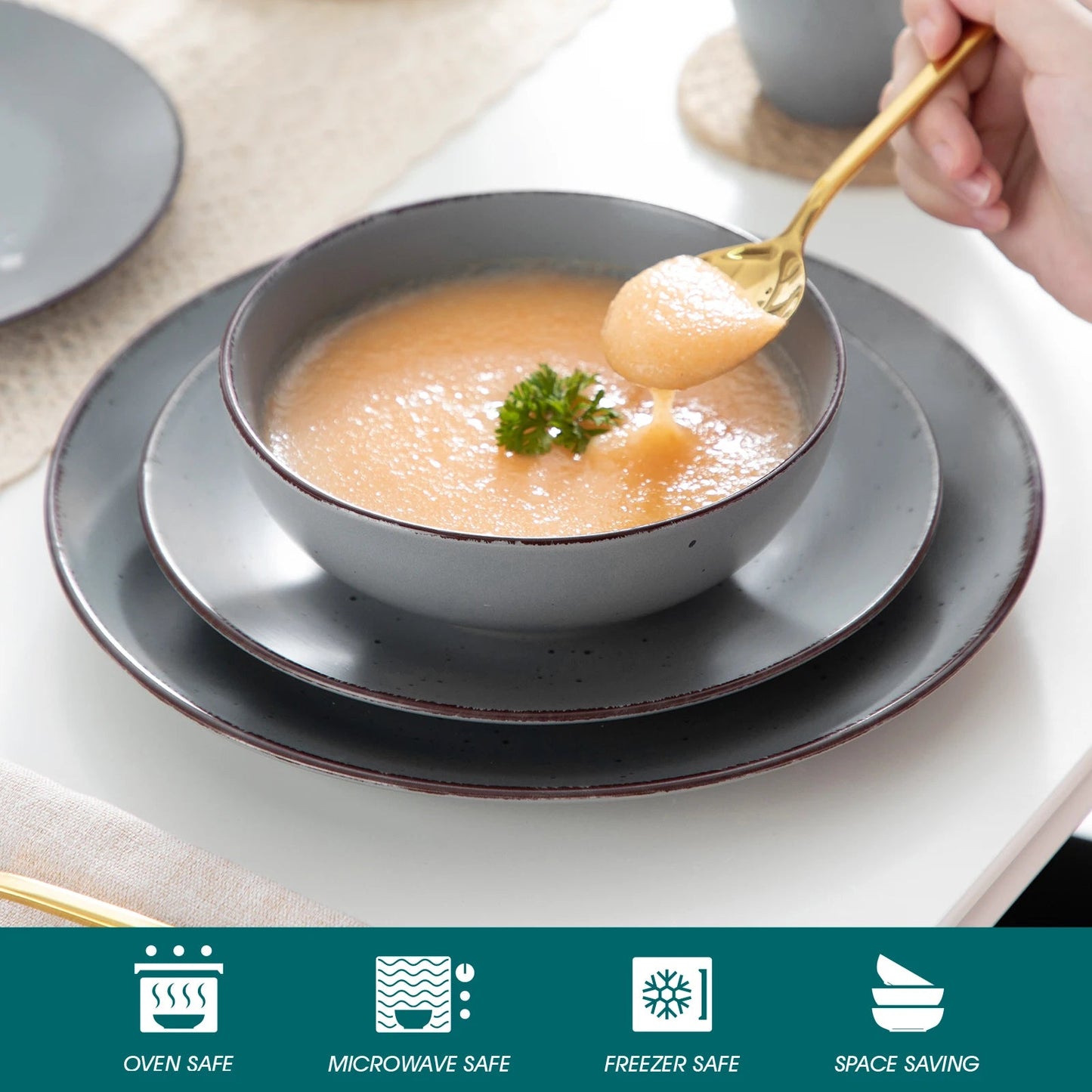 Keramik - Geschirrset: 16/32/48 - teilig in Grau aus Steinzeug mit Teller, Schüssel & Tasse - ApolettaApoletta