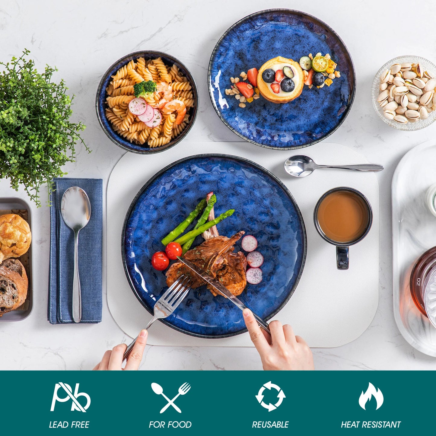 Sternenblaues Geschirrset: 16/32/48 - teilig mit Teller, Dessertteller & Schüsseln - ApolettaApoletta