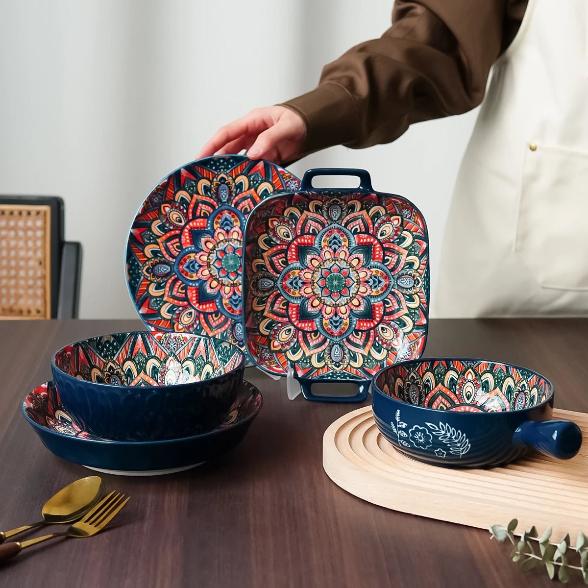 Boho - Keramikgeschirr: Handgefertigtes Set mit einzigartigem Blumenmuster für den täglichen Gebrauch & Outdoor - ApolettaApoletta