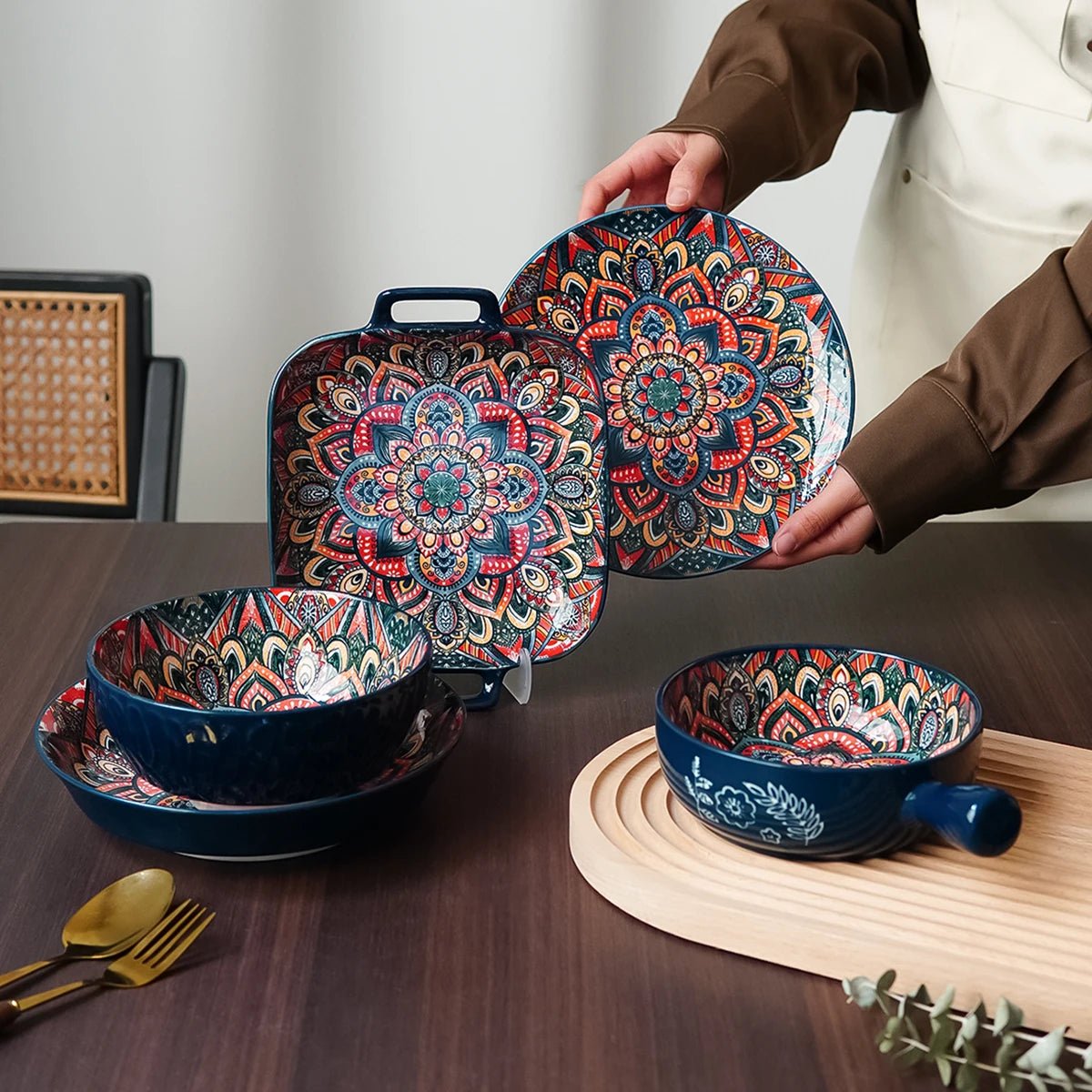 Boho - Keramikgeschirr: Handgefertigtes Set mit einzigartigem Blumenmuster für den täglichen Gebrauch & Outdoor - ApolettaApoletta